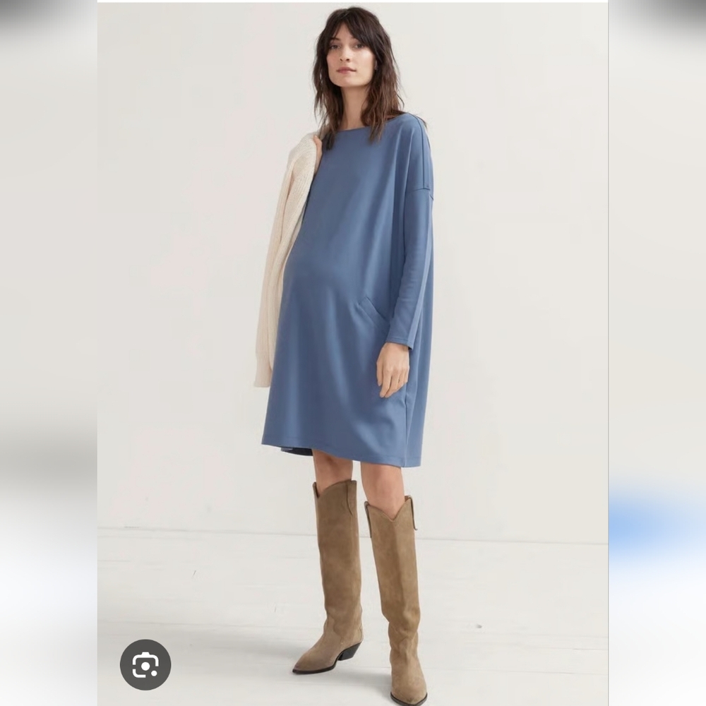 HATCH Maternity Blue Shift Thick Knit Dress Pockets Long Sleeves Cozy Large